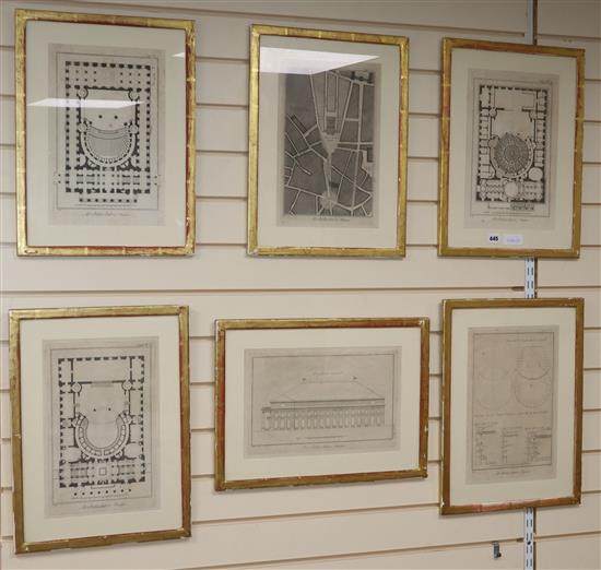 Six 18th century French archictectural plan engravings for the Odeon Theatre, Paris, 36 x 24cm